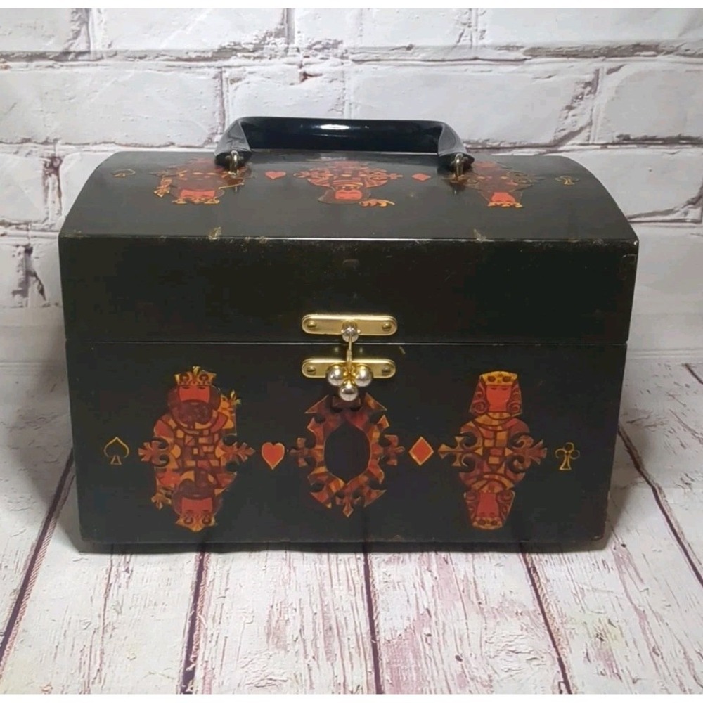 VTG 1960s 1970s Wooden Purse Decoupage Face Cards Box Plastic Handle